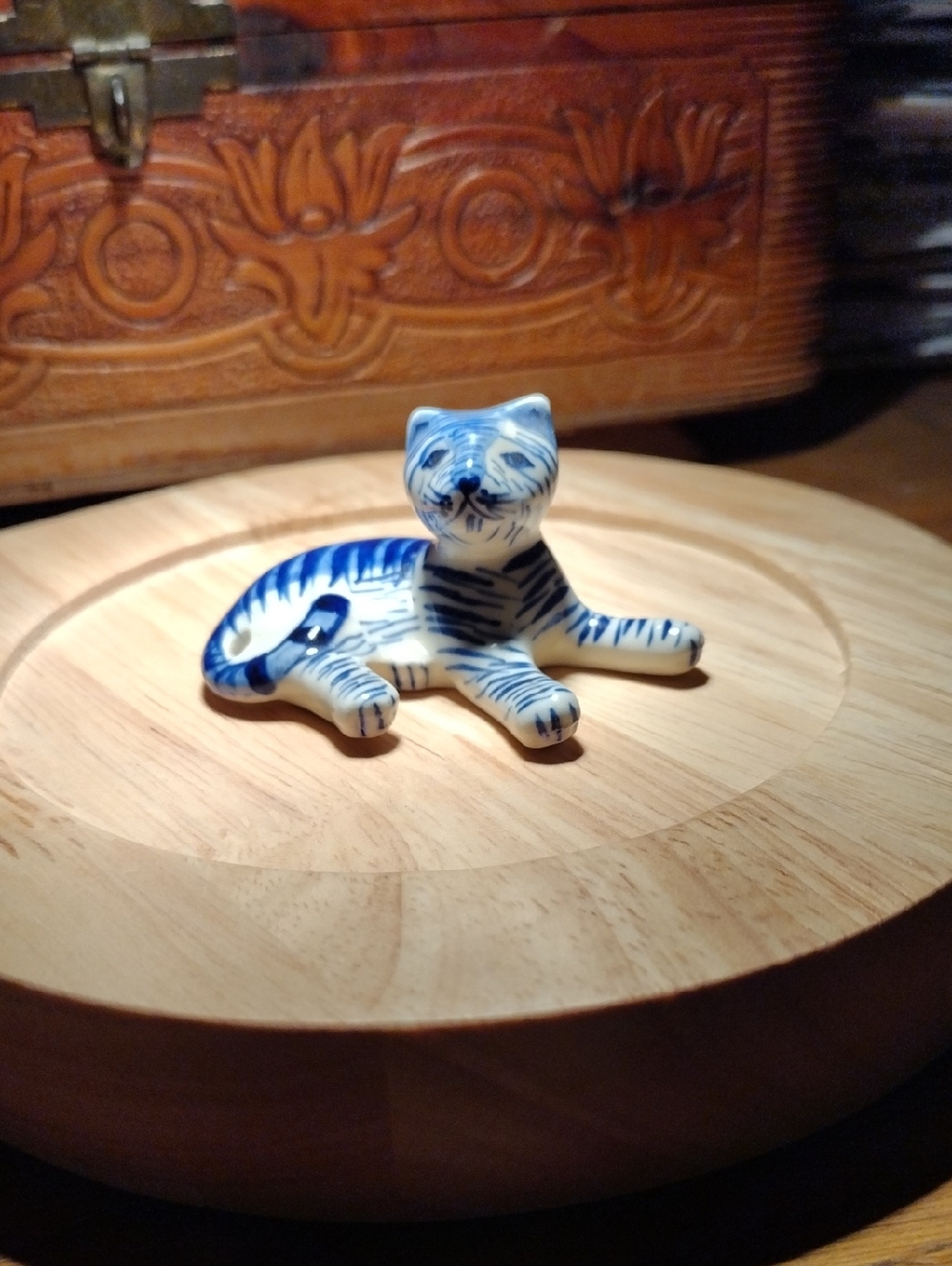 1970 Vintage Blue and White Ceramic Cat Figurine Porcelain